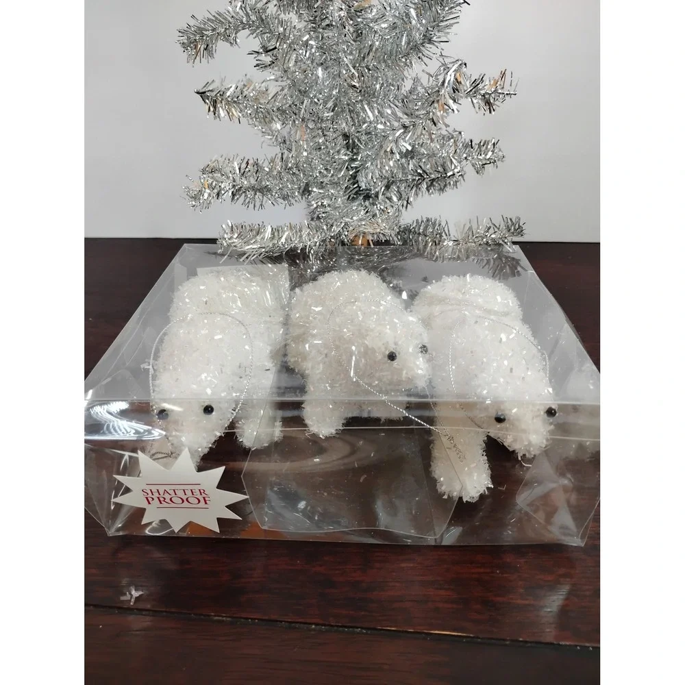 Silver Tinsel Tabletop Christmas Tree 20in and 3 White Polar Bear Ornaments Set